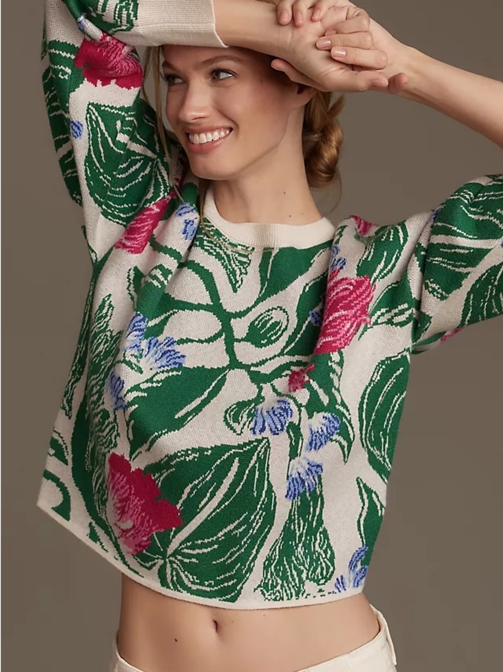 Anthropologie Yukiko Noritake Maeve Floral Crewneck Sweater Cropped Pink Green
